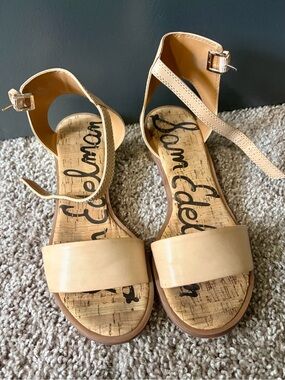 Sam Edelman Teri Ankle Strap Metallic Block Heel Sandals Nude Beige Size 7.5